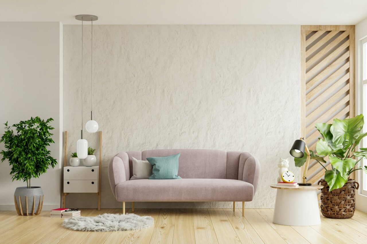 Sofa in living room with empty white wall background.